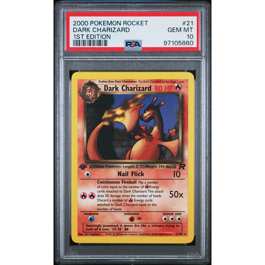2000 Pokémon Team Rocket Dark Charizard #21 1st Edition (English) – PSA 10
